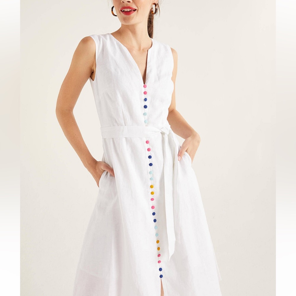 Boden Cecilia Midi Dress in white size 4P, belt missing, good used condition